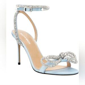 NIB MACH & MACH | Double Bow Round Toe Satin Sandals Heels Pumps Blue Sz 10B 40